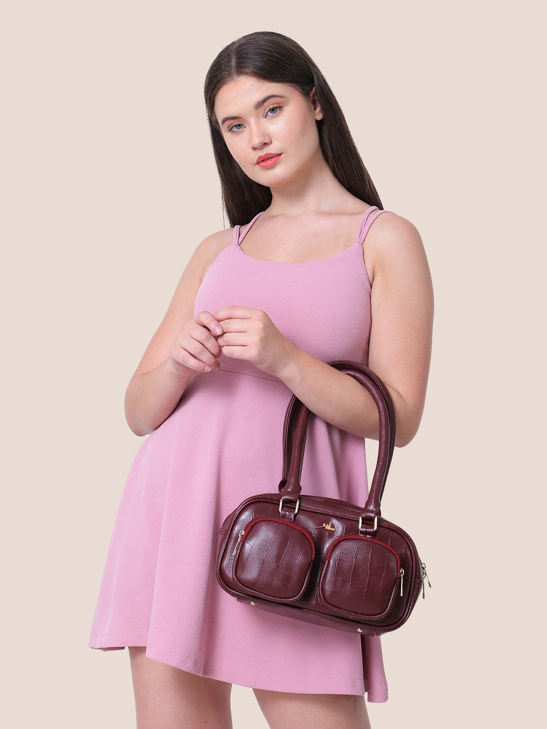 Maroon Synthetic Leather Handbag for Women