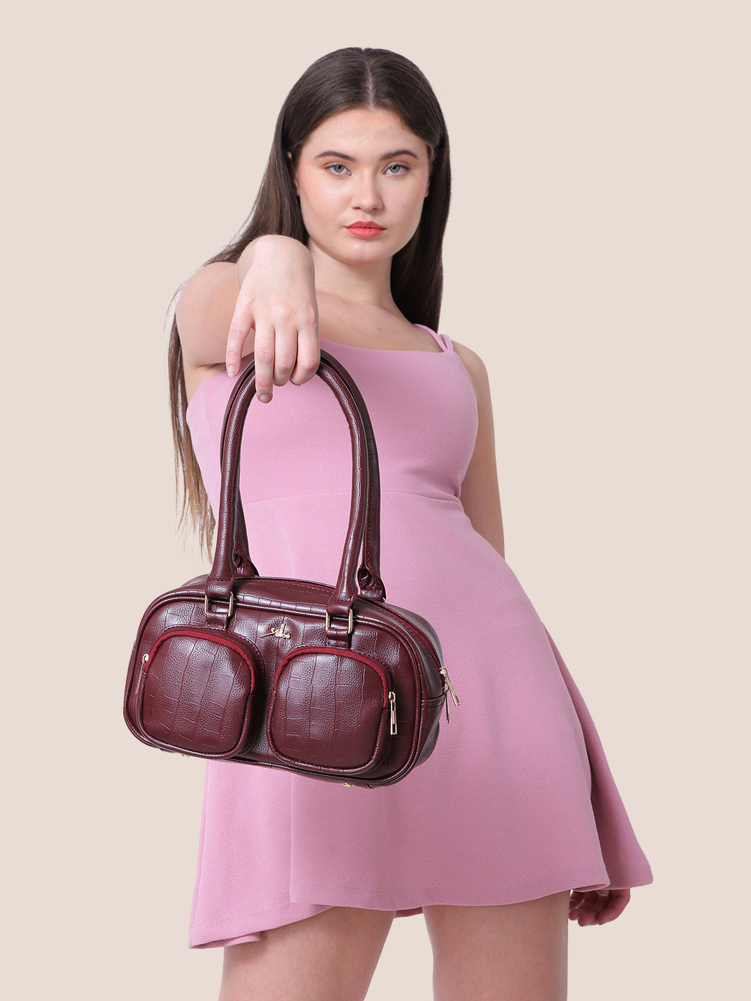Maroon Synthetic Leather Handbag for Women