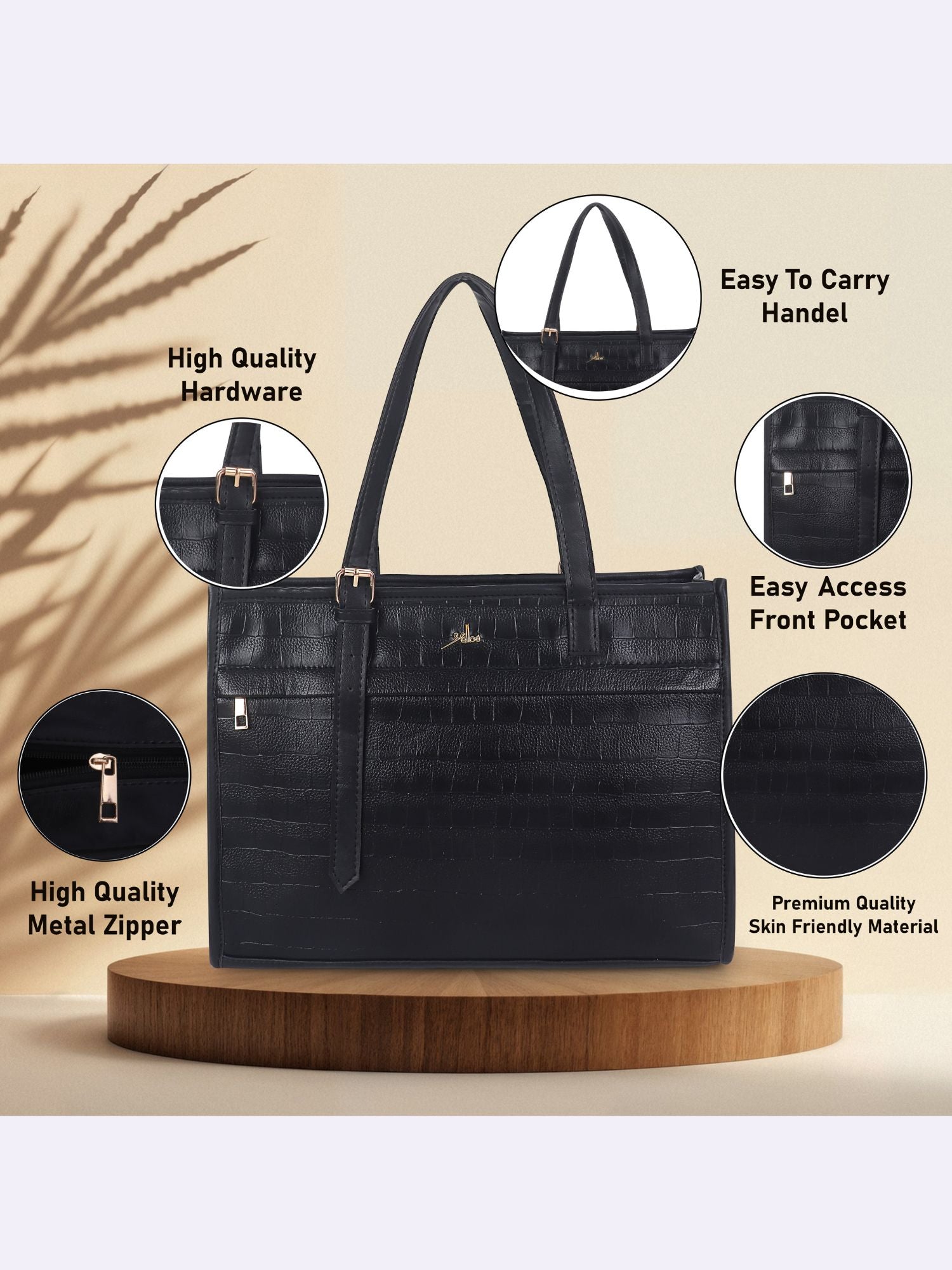 Women's Black Synthetic Leather Handbag