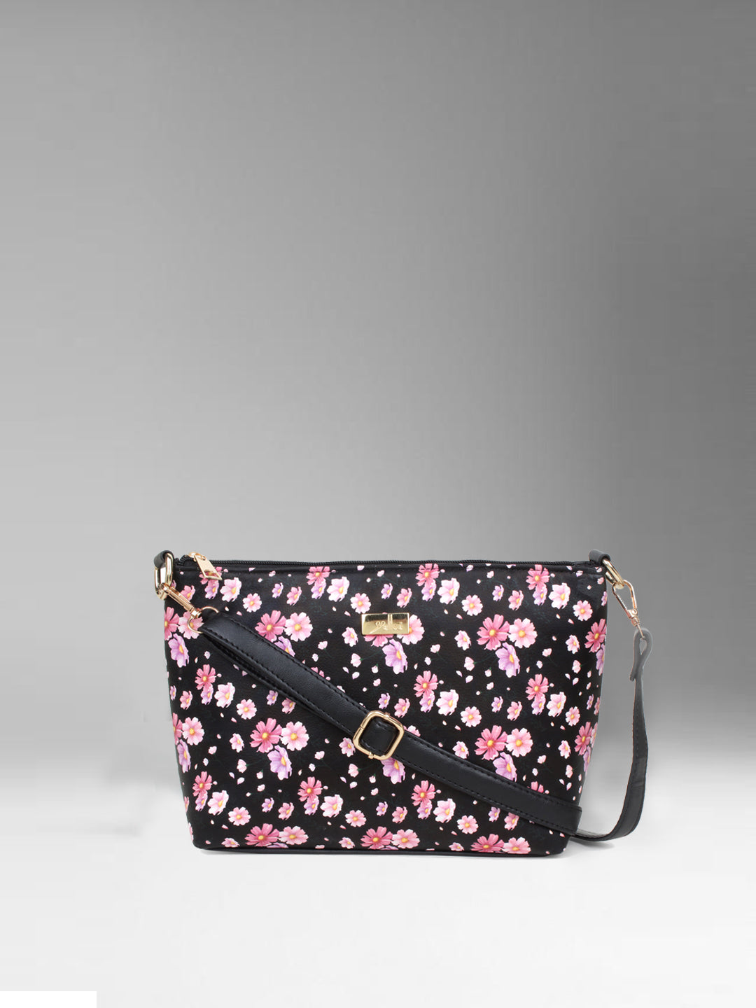 Black Floral Printed Structured Sling Bag