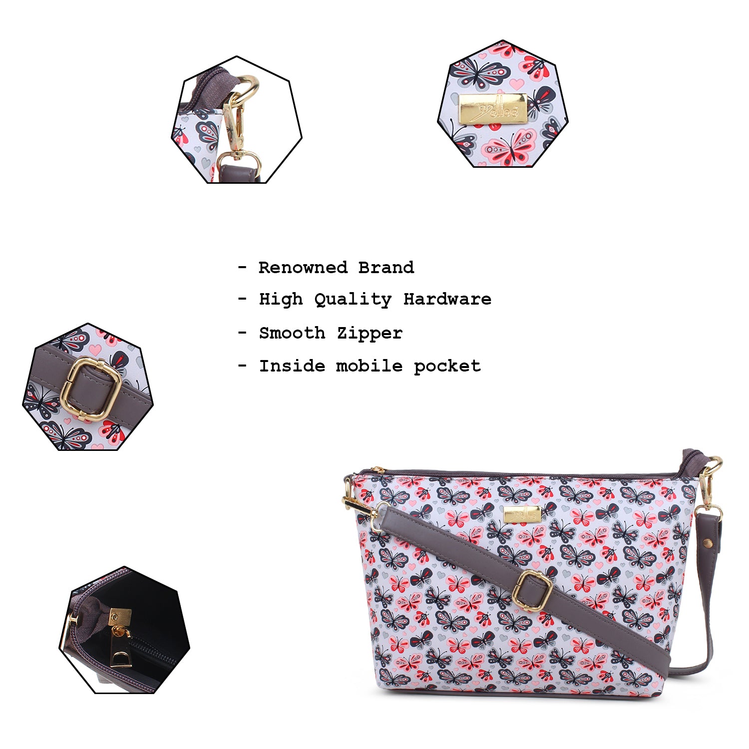 Grey butterfly Printed Structured Sling Bag