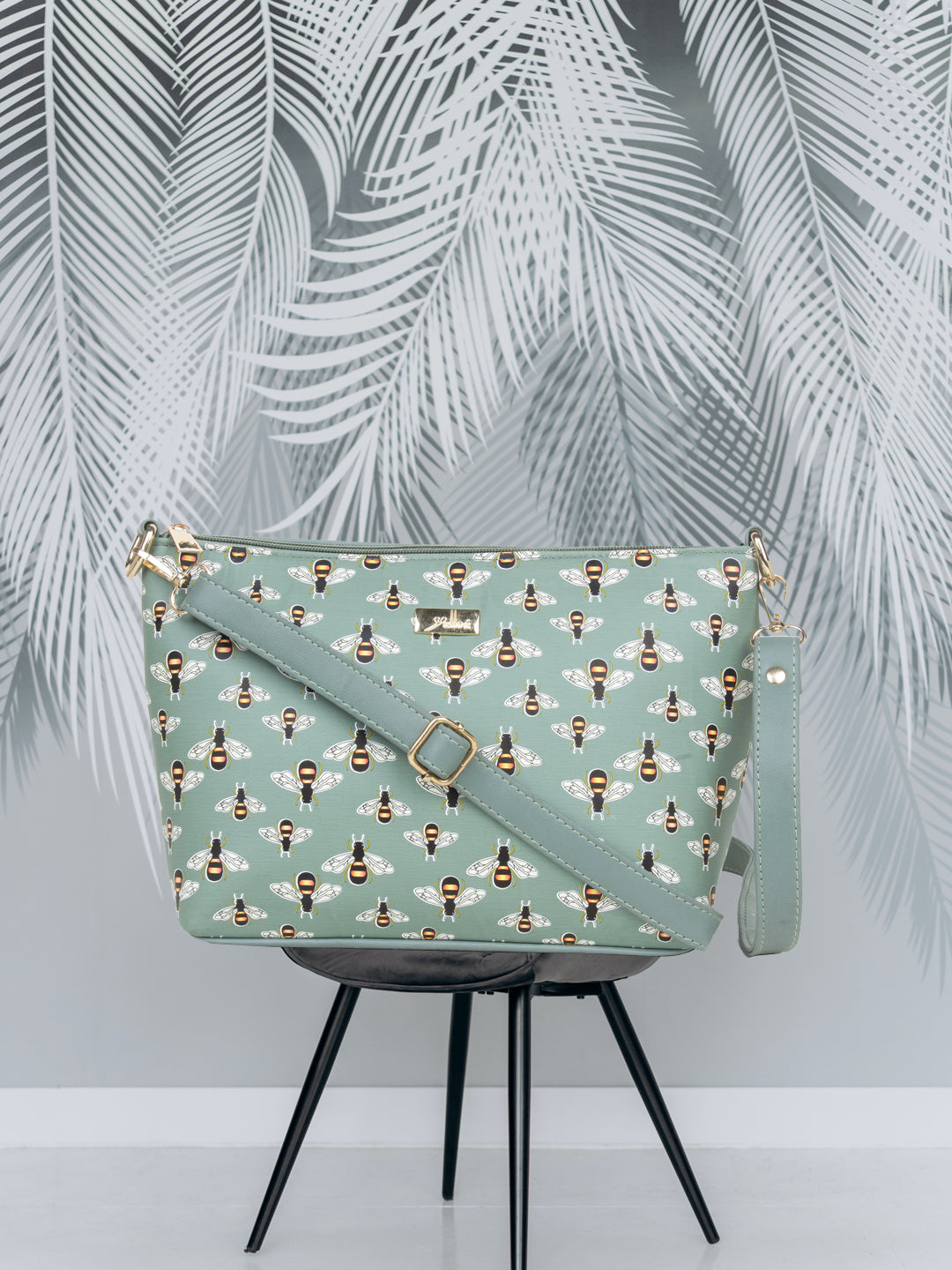 Green Sling Bag, Bee Printed Structured