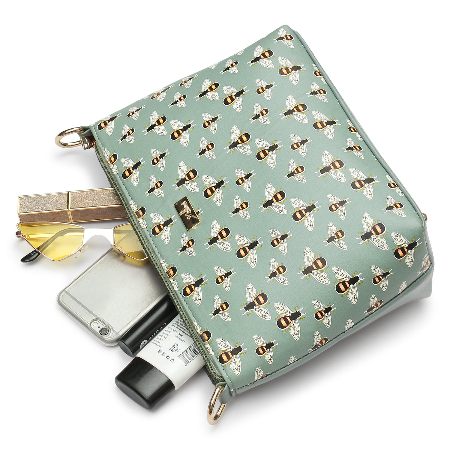 Green Sling Bag, Bee Printed Structured