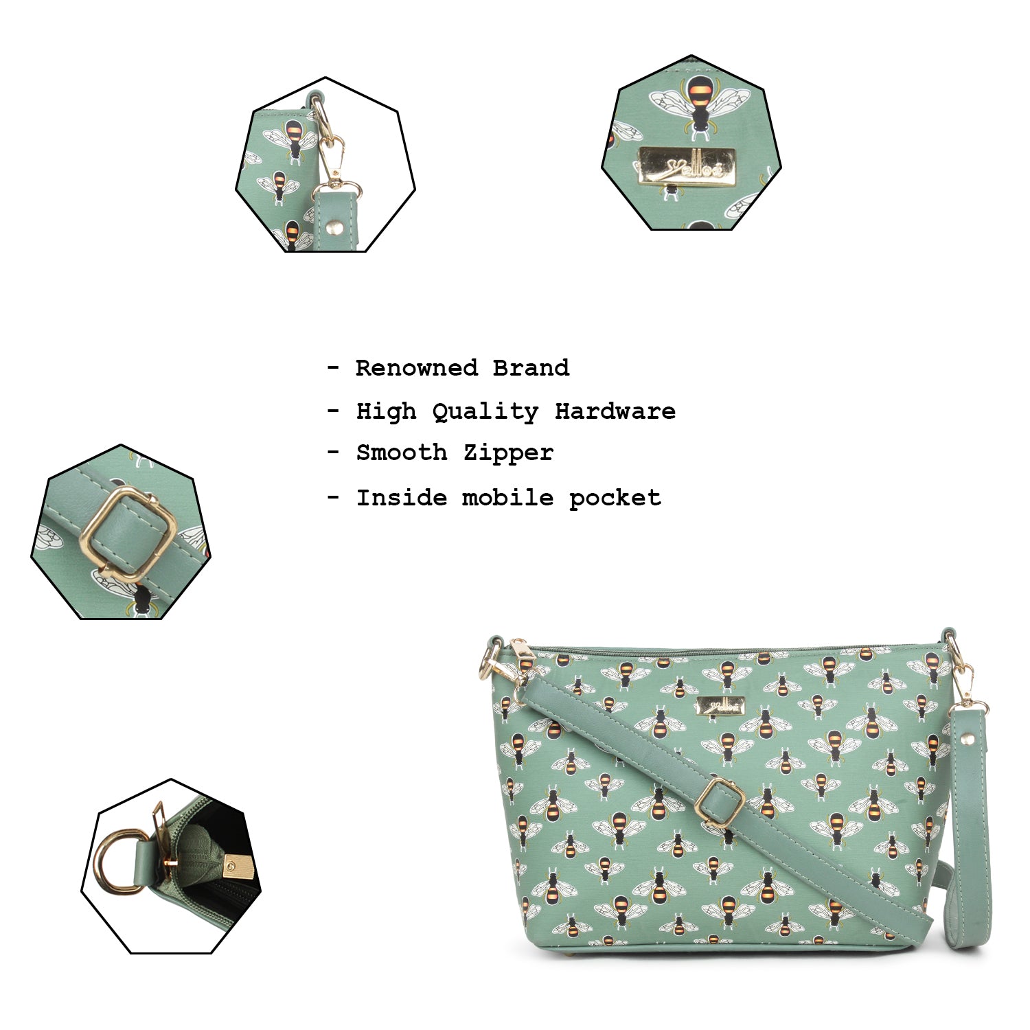 Green Sling Bag, Bee Printed Structured