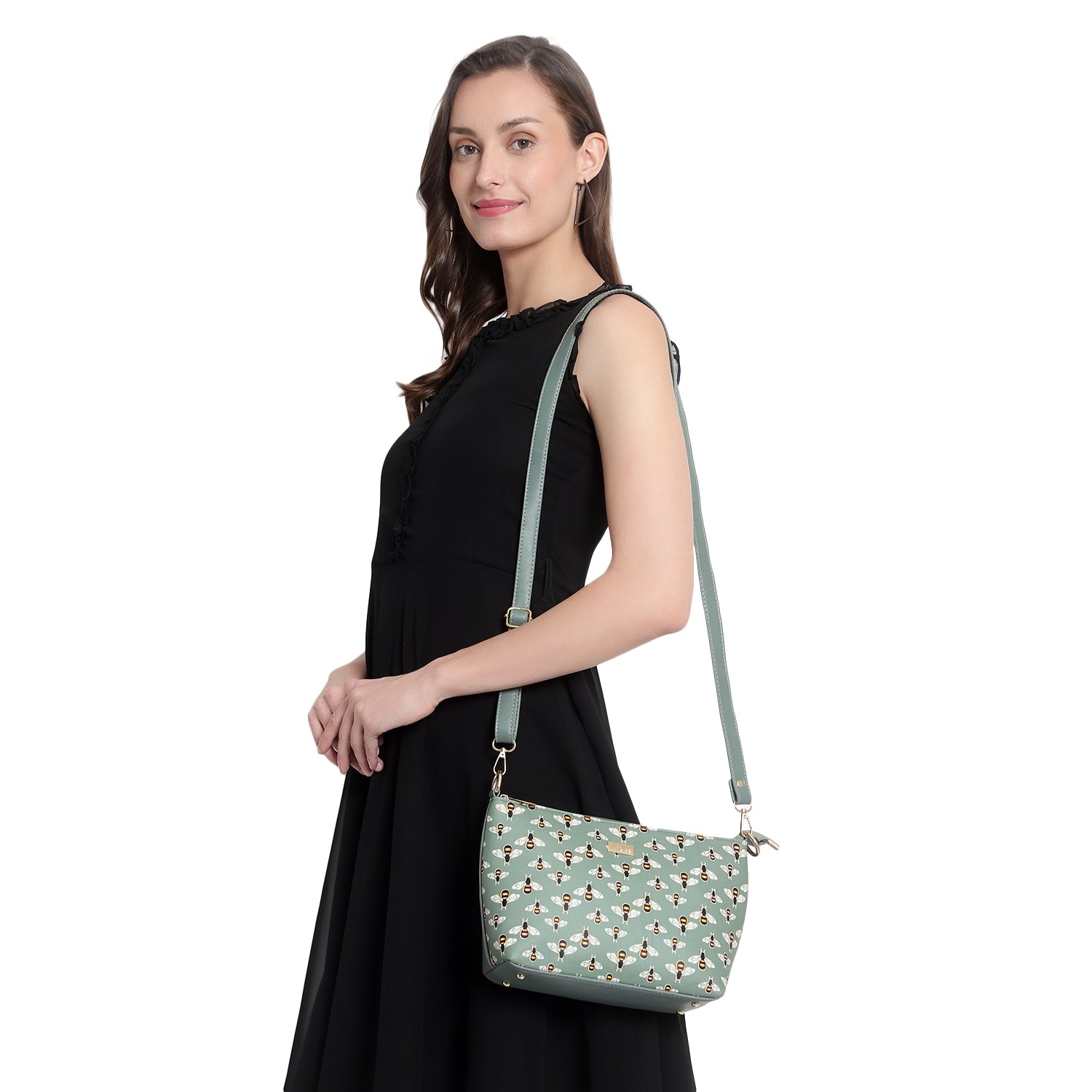 Green Sling Bag, Bee Printed Structured
