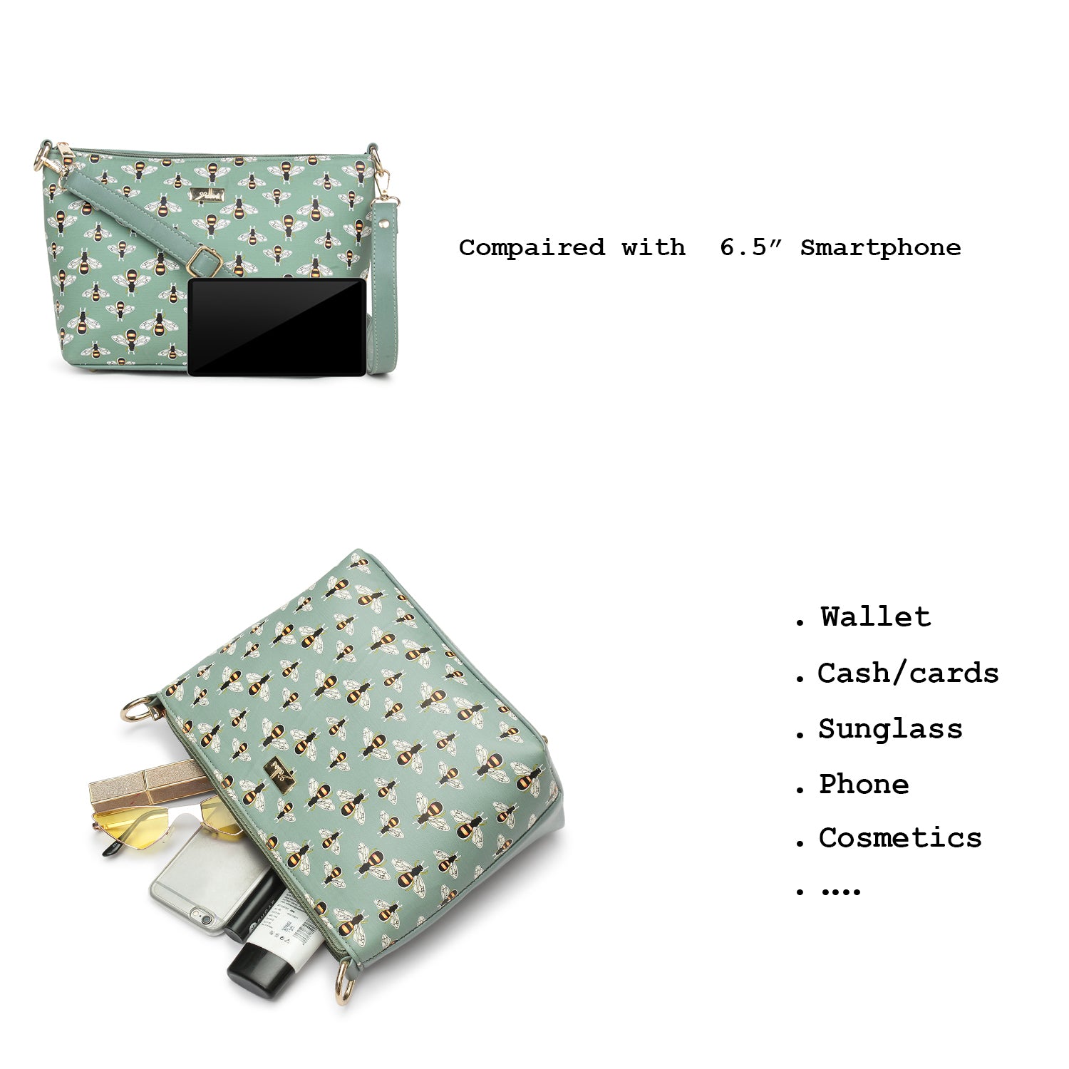 Green Sling Bag, Bee Printed Structured