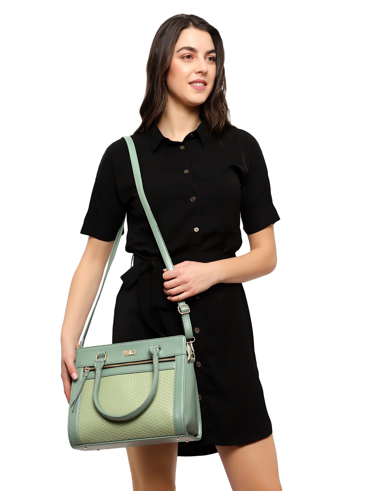 Green Color Interweave Handbag