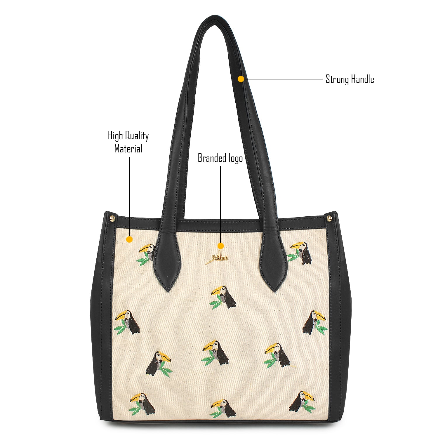 Embroidered Canvas Shoulder Tote Bag Black