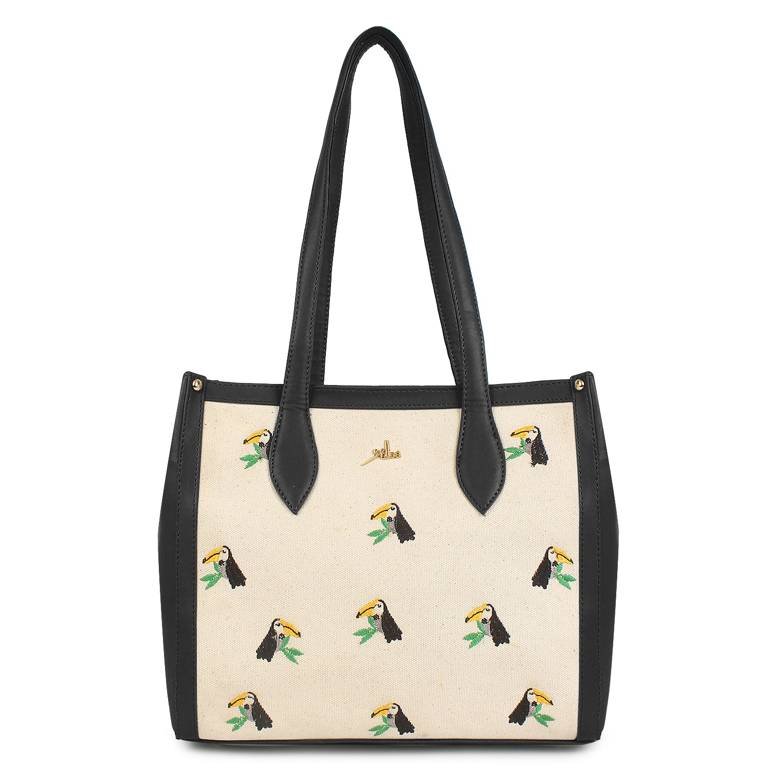 Embroidered Canvas Shoulder Tote Bag Black