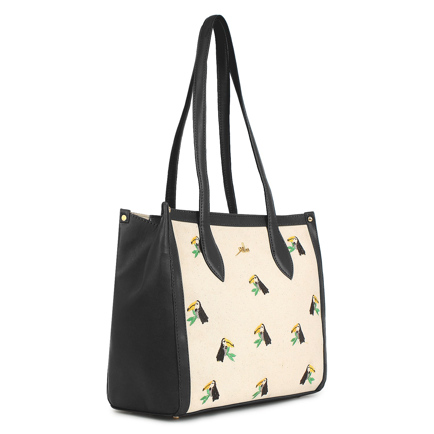 Embroidered Canvas Shoulder Tote Bag Black