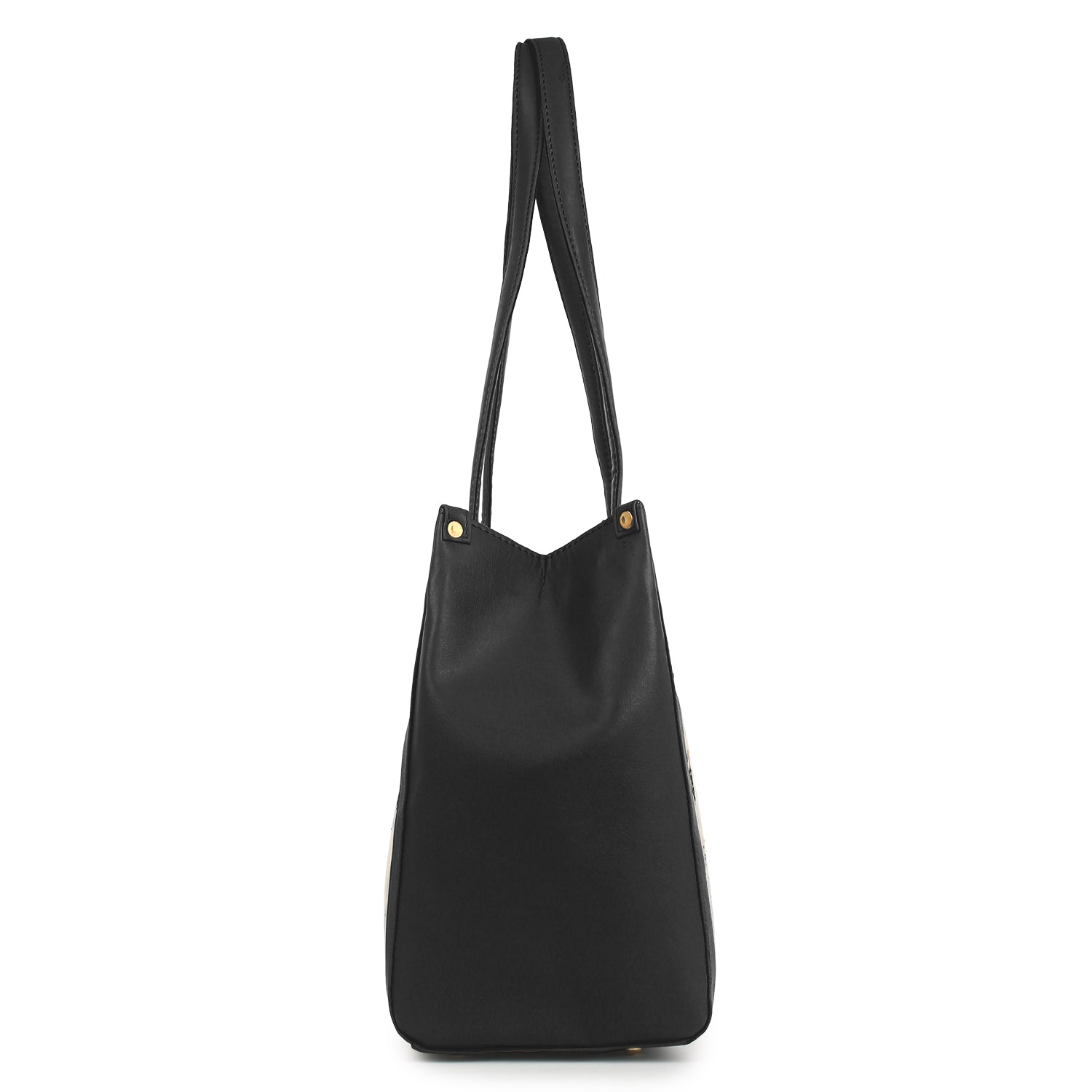 Embroidered Canvas Shoulder Tote Bag Black