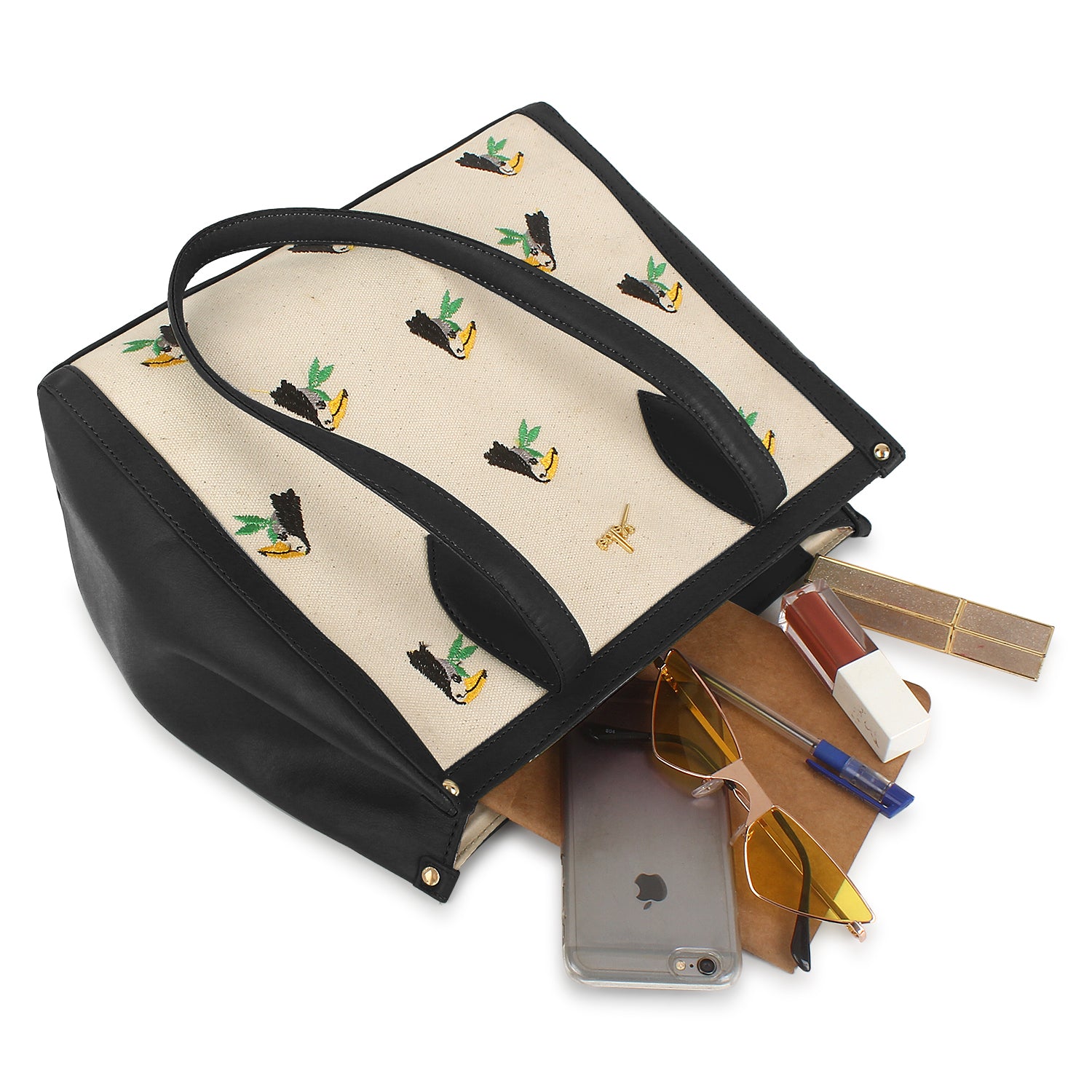 Embroidered Canvas Shoulder Tote Bag Black