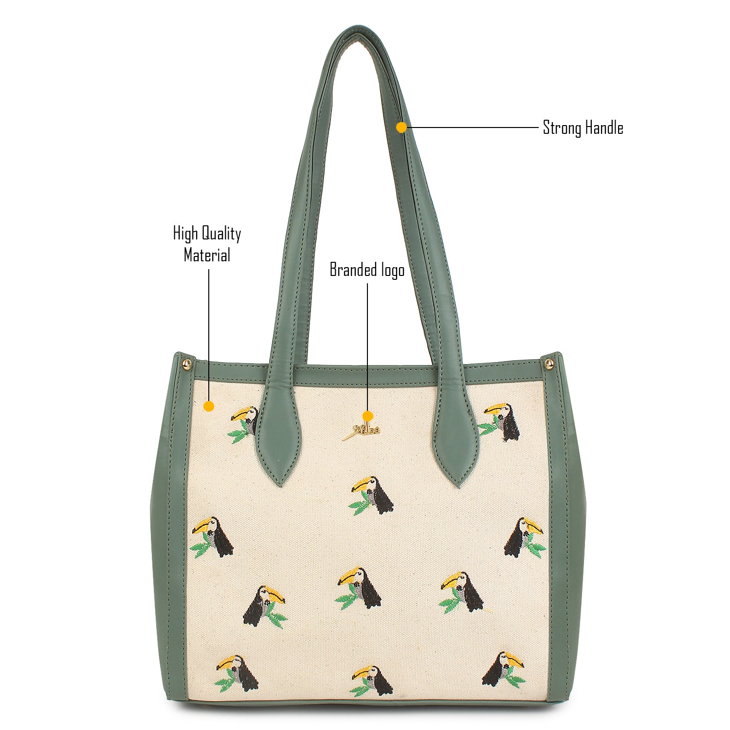 Embroidered Canvas Bird Tote Bag Green