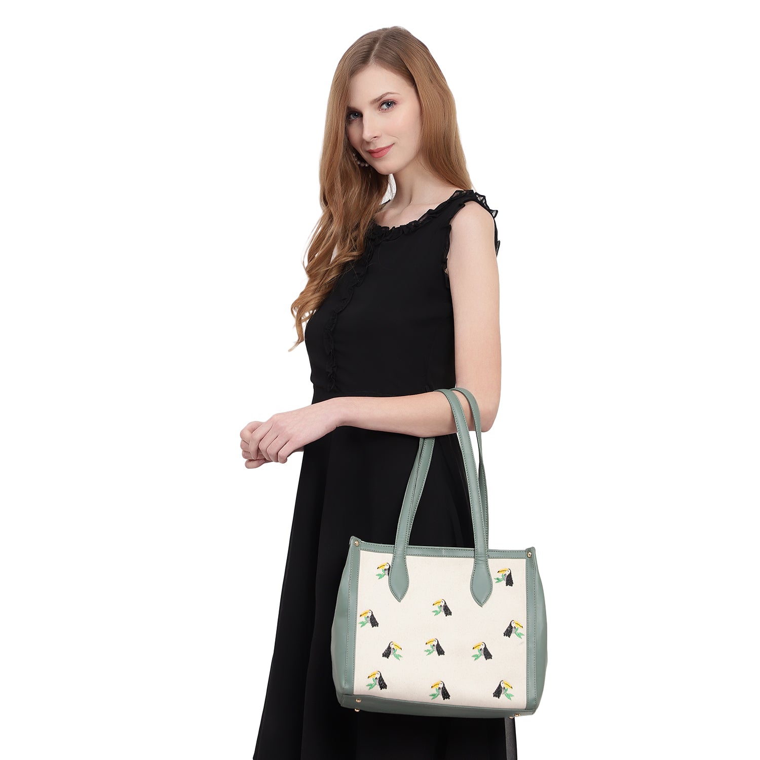 Embroidered Canvas Bird Tote Bag Green