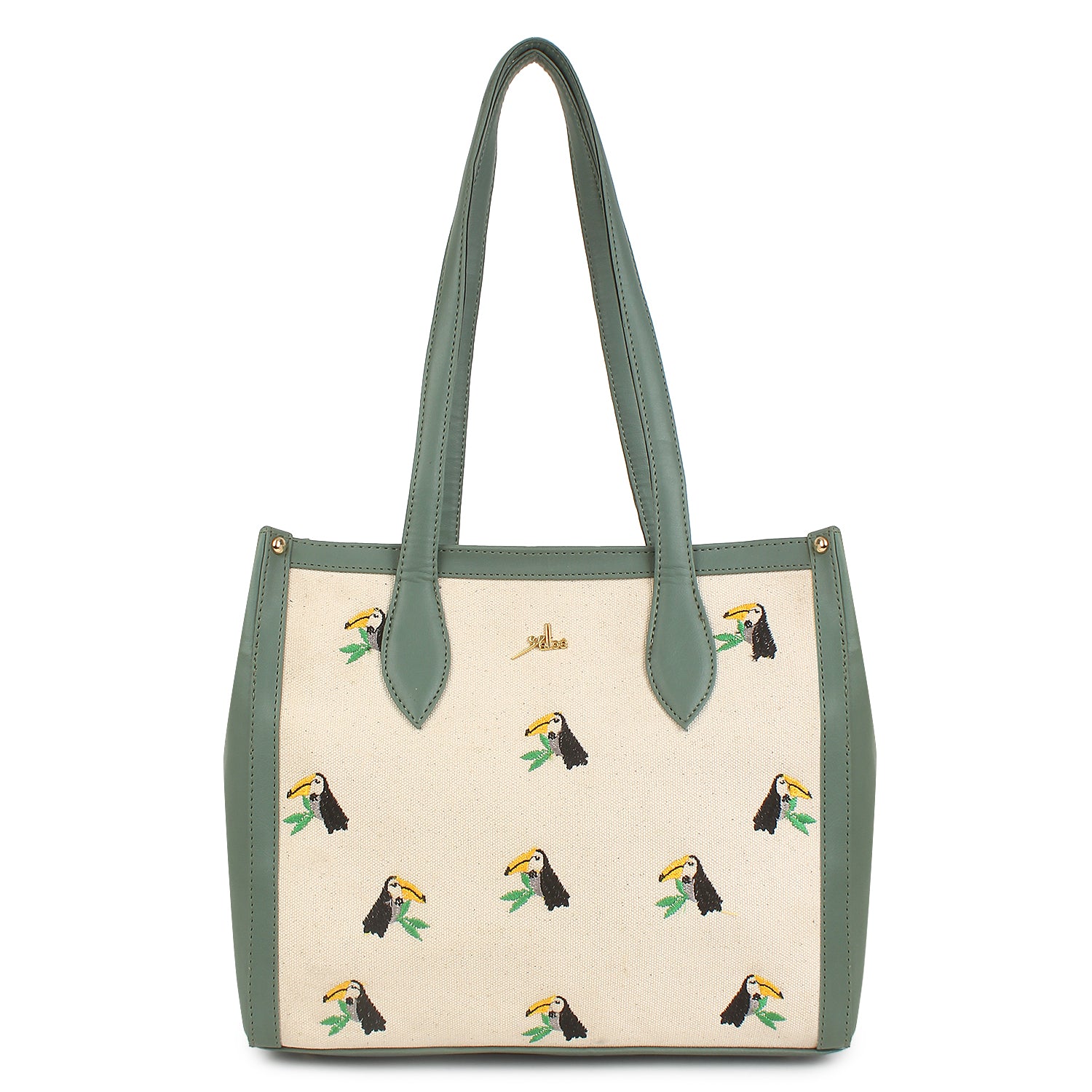 Embroidered Canvas Bird Tote Bag Green