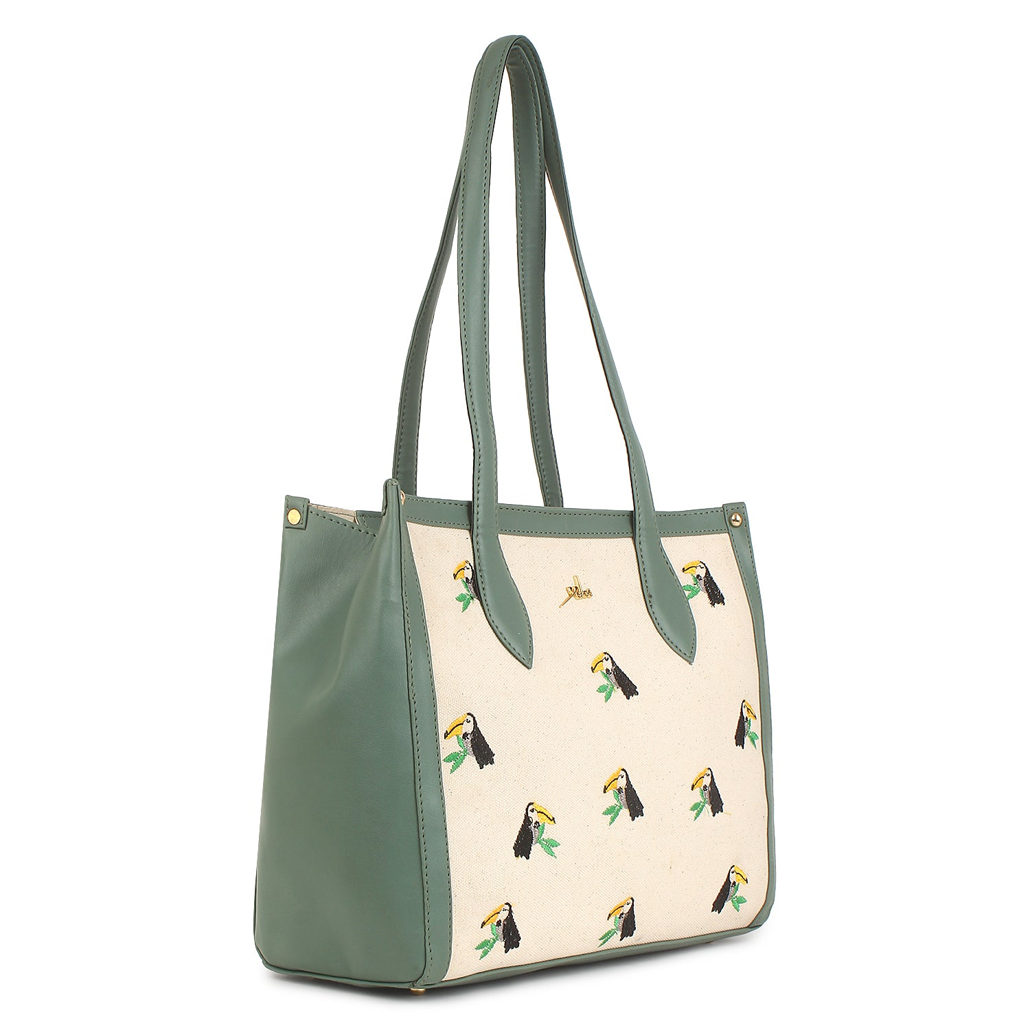 Embroidered Canvas Bird Tote Bag Green