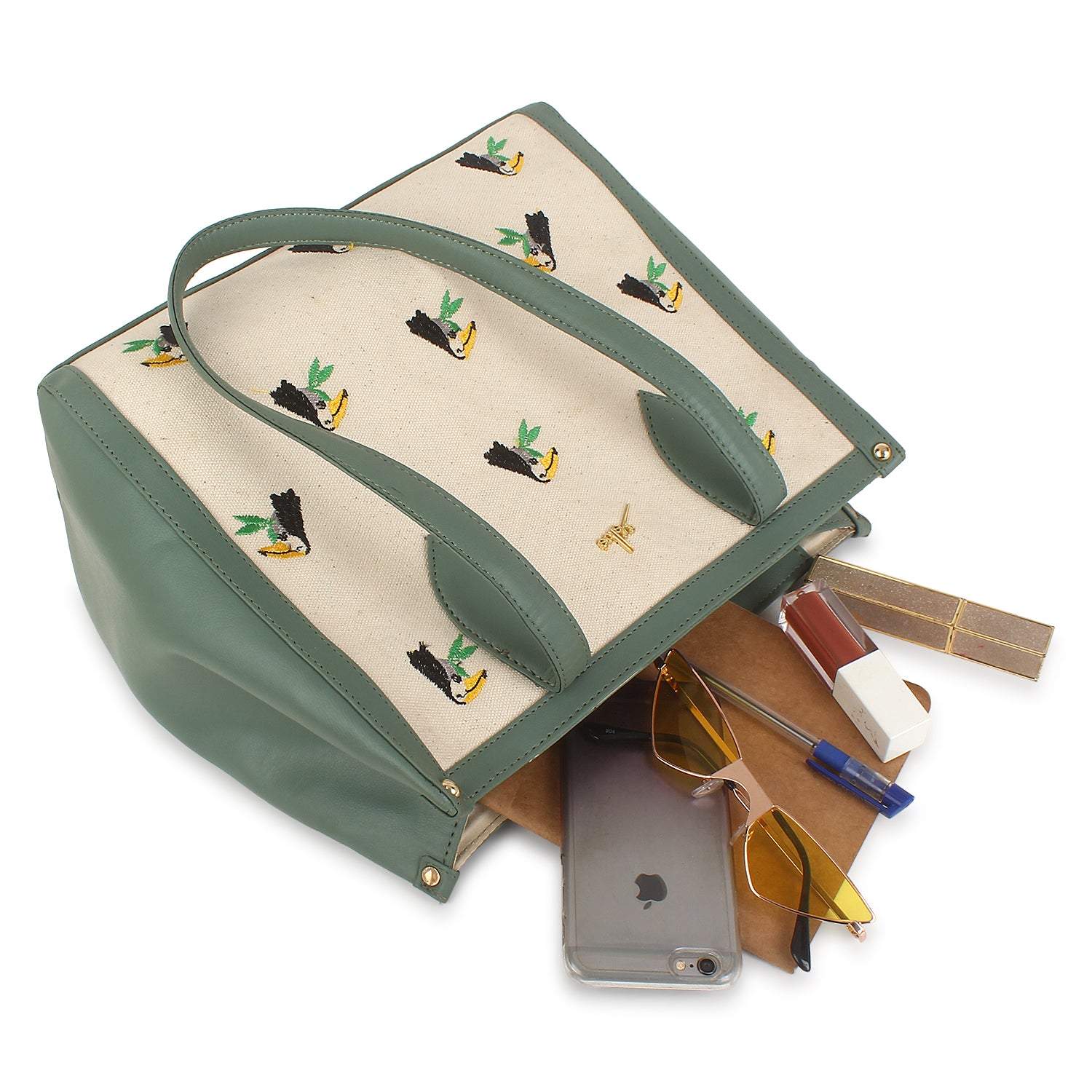 Embroidered Canvas Bird Tote Bag Green