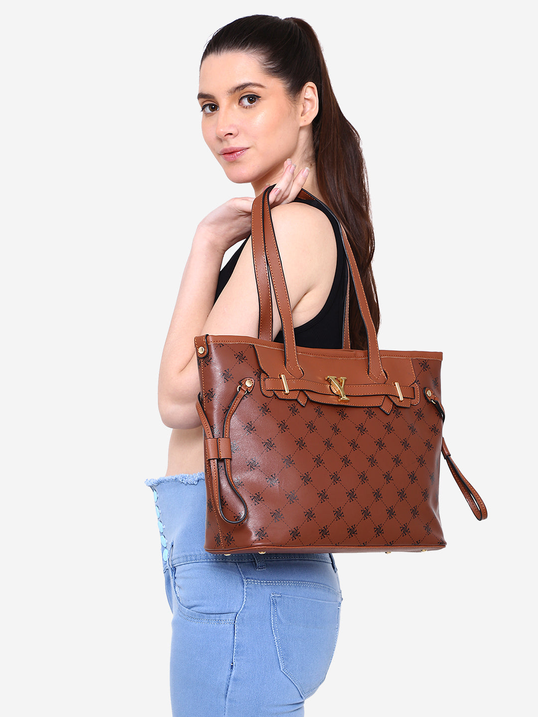 Yelloe Iconic Printed Tote Bag Tan