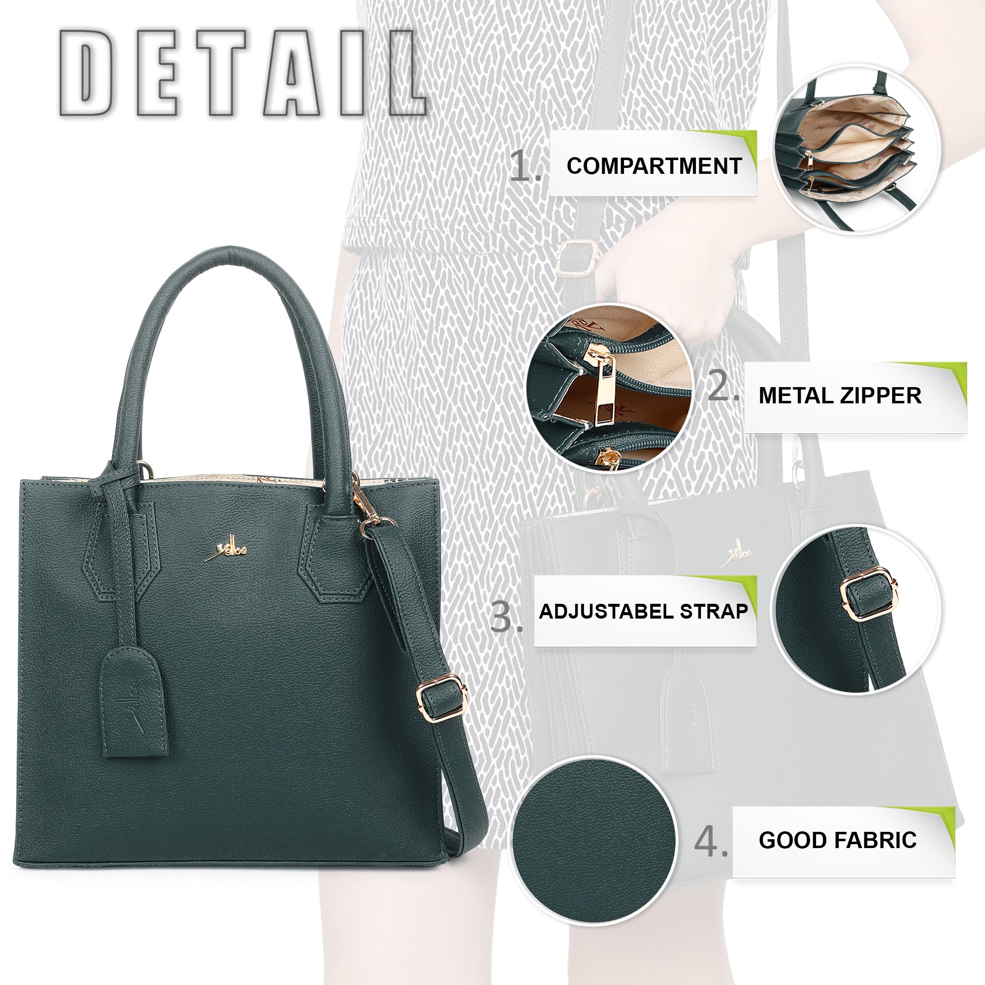 Satchel Handbag multi compartment Green
