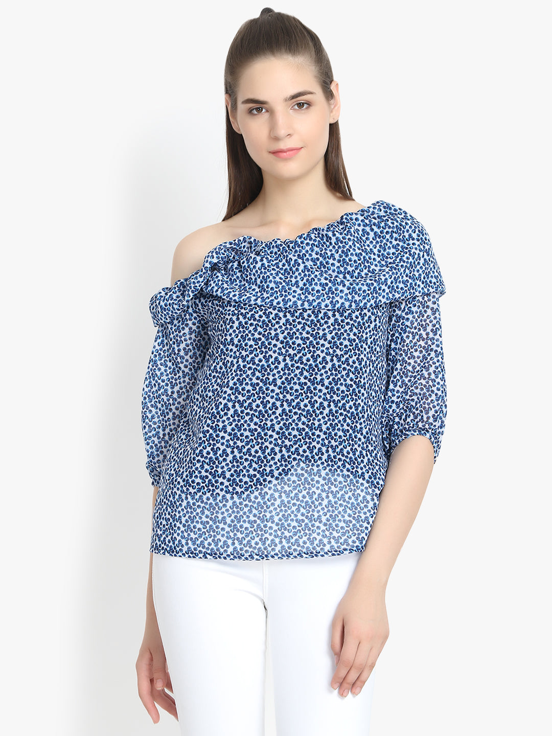 Foldover Neck printed Top In Blue