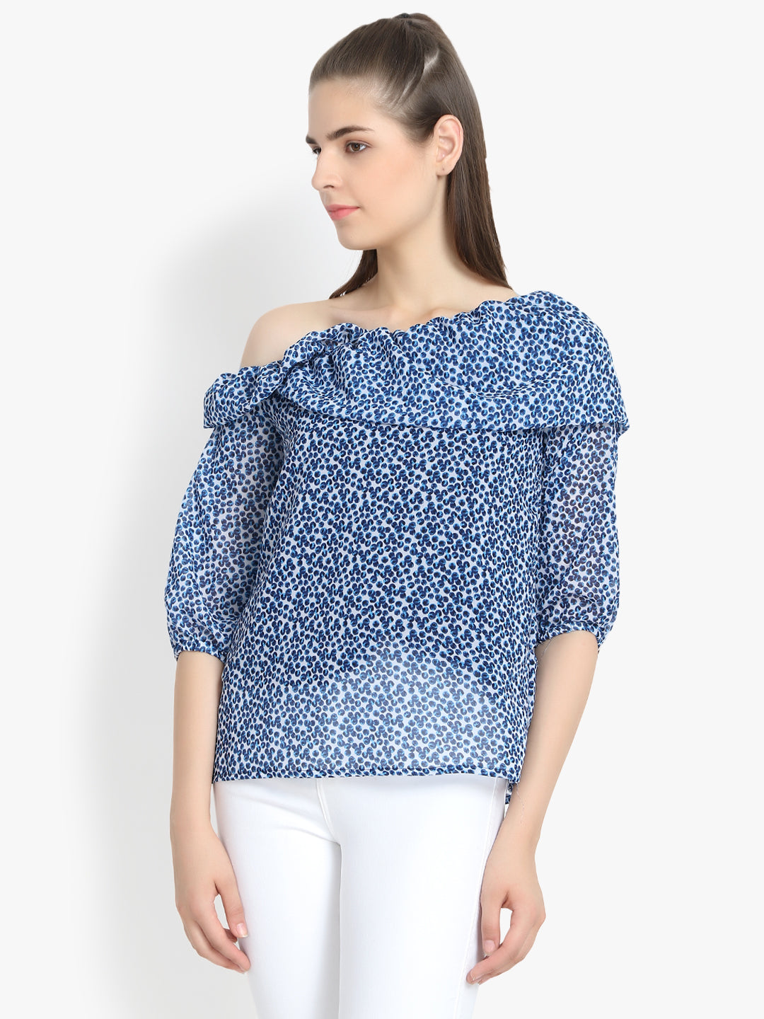 Foldover Neck printed Top In Blue