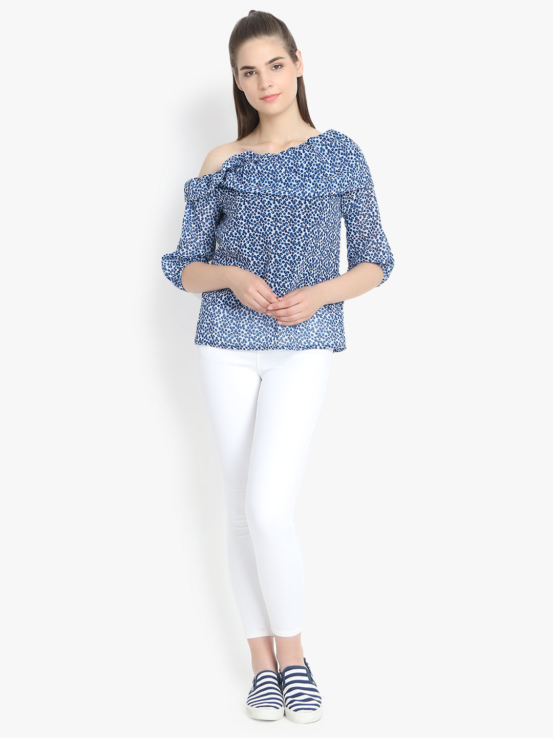 Foldover Neck printed Top In Blue