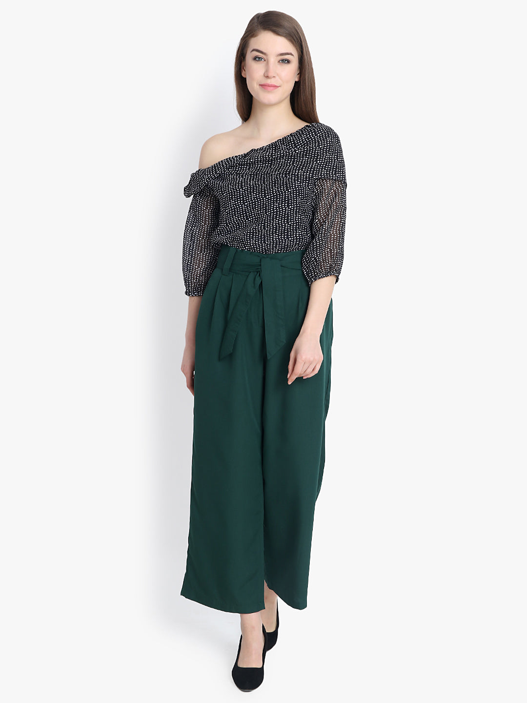 Foldover Neck Printed Top In Black