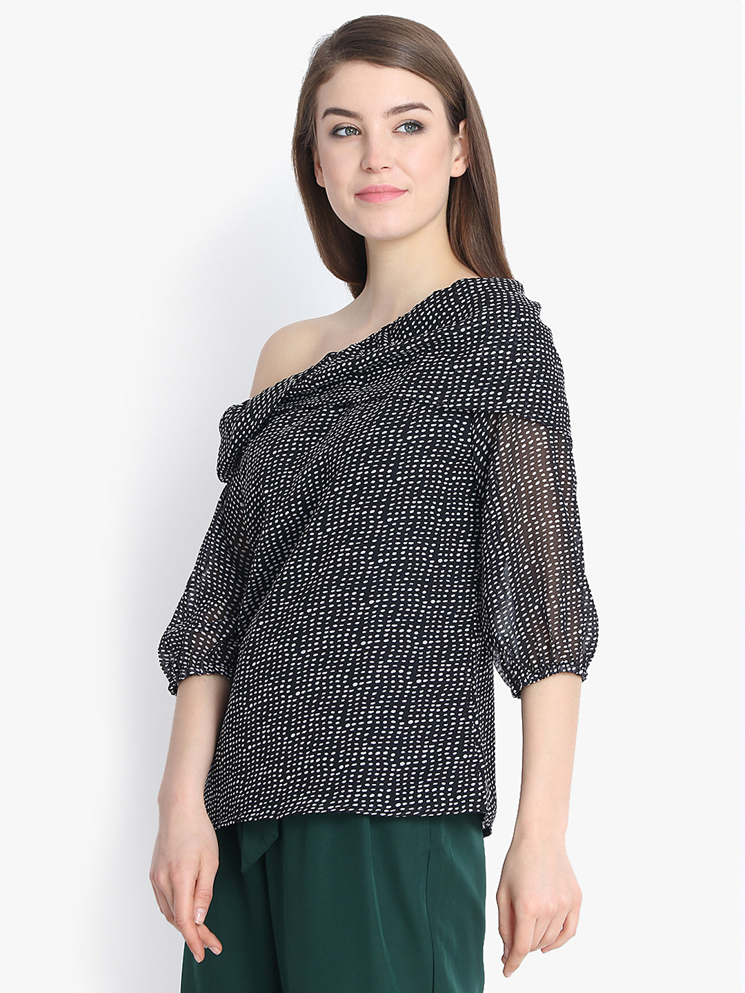 Foldover Neck Printed Top In Black