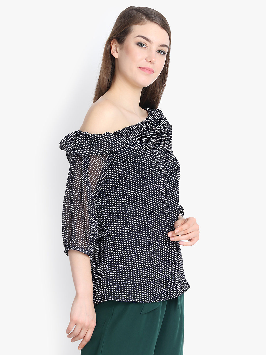 Foldover Neck Printed Top In Black