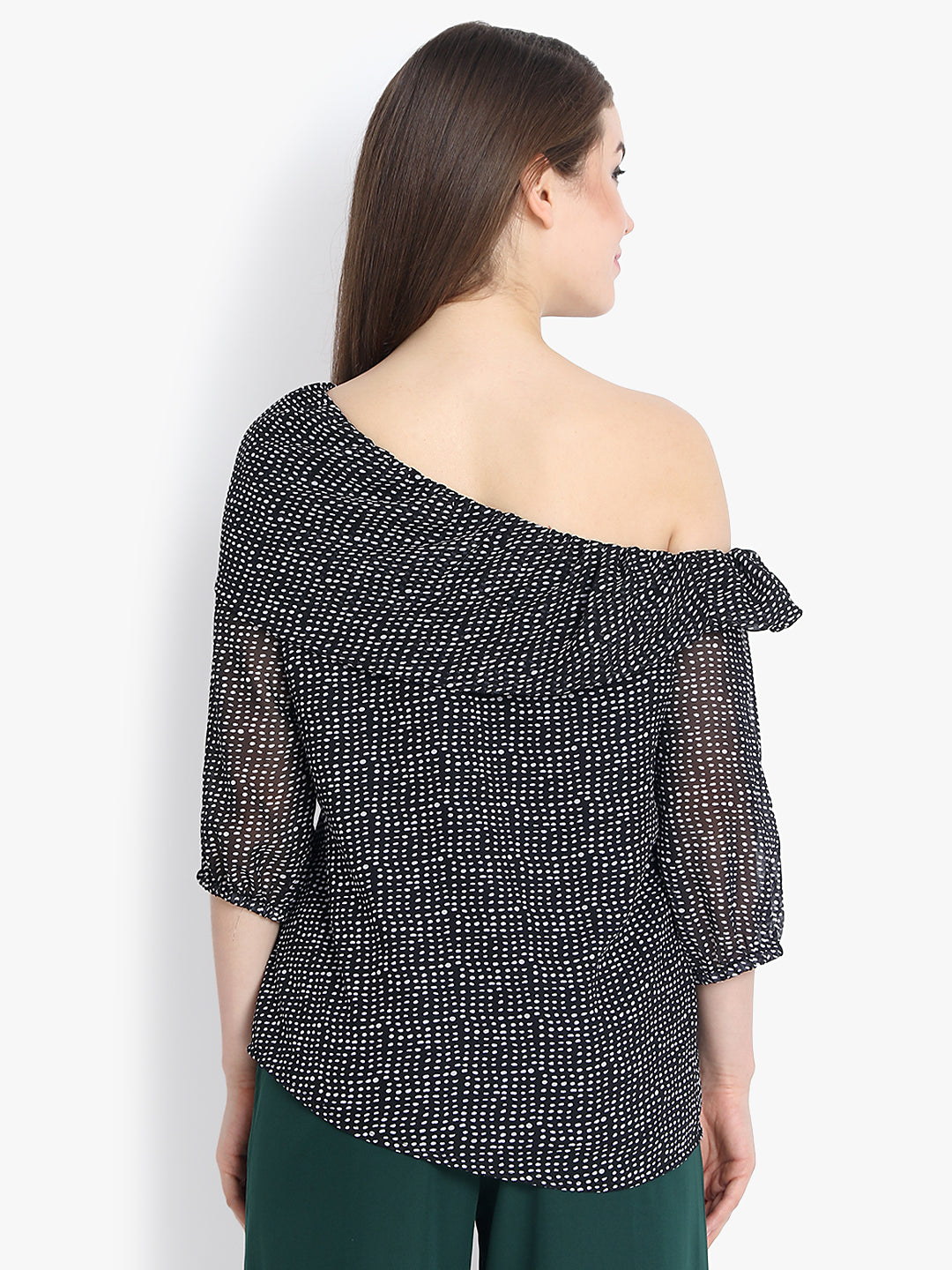 Foldover Neck Printed Top In Black
