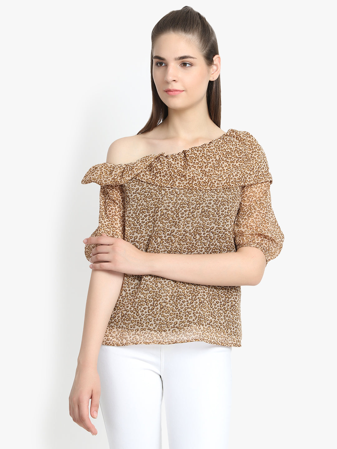 Foldover Neck Printed Top in Beige