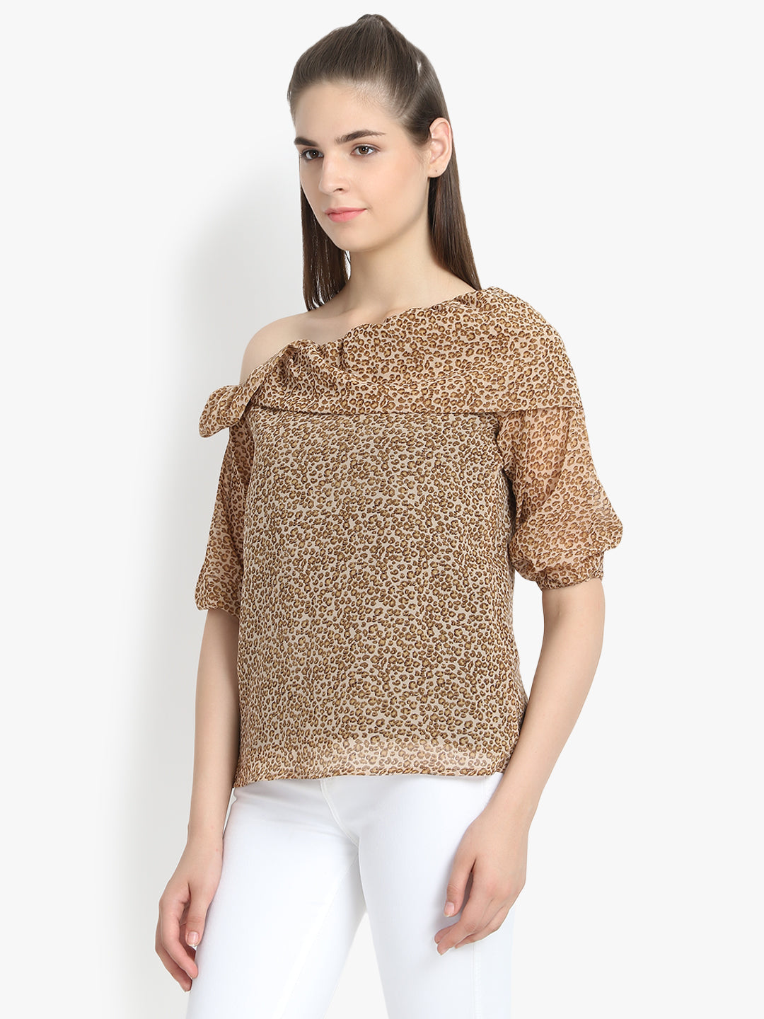 Foldover Neck Printed Top in Beige