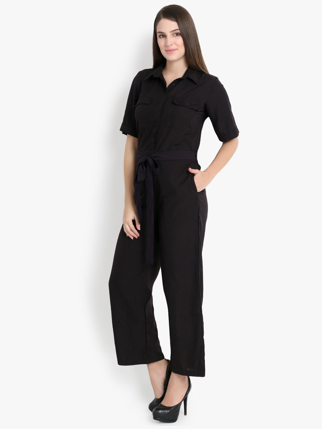 Buy Fabnest Red Rayon Pintuck Jump Suit With Belt online